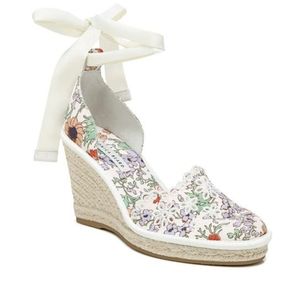 Veronica Beard Soleil Espadrille Wedge Sandals in Floral White Block Heel